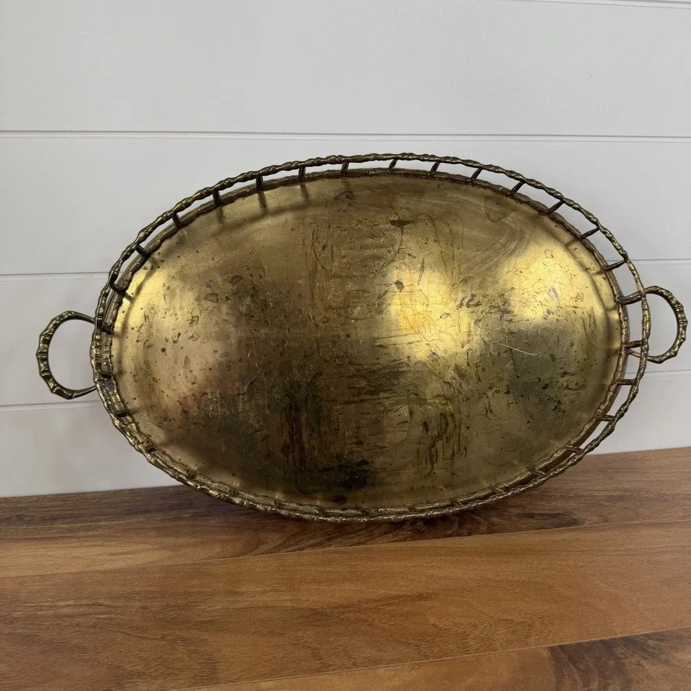 Vintage Brass Serving Tray Faux Bamboo Hollywood Regency Style Oval Large *Wear*